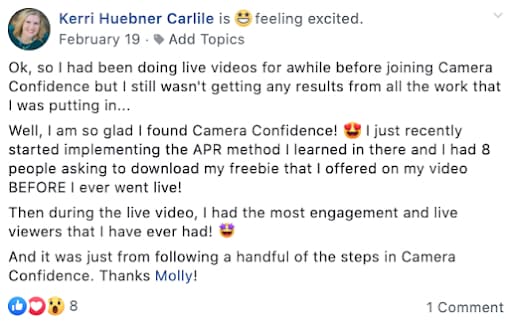 Kerrie Huebner giving a testimonial of a camera confidence course